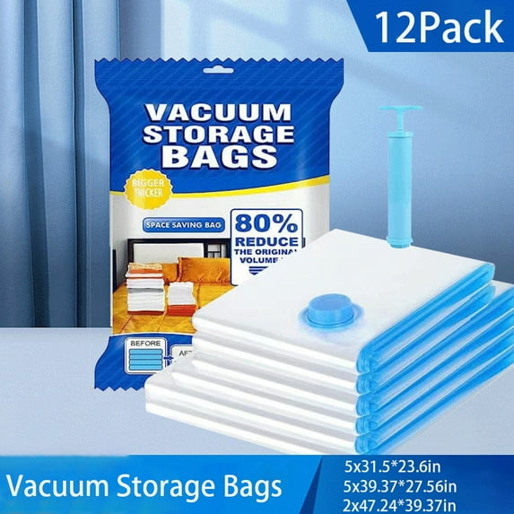 12 Pack Jumbo Vacuum Storage Bags Travel Space Saver Garment Seal Clothes Hand Pump