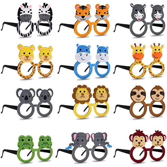 12 Pack Jungle Animal Glasses - Safari Costume Party Favors with 12 Kinds of Eyeglasses, for Petting Zoo, Farmhouse Birthday, Jungle Dress-Up Cosplay Party Supplies