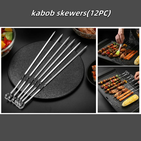 12 Pack Kabob Skewers Flat Metal BBQ Barbecue Skewers 16" Long Hook Style Stainless Steel Shish Kebob Sticks Wide Sharp Reusable Grilling Skewers Set for Meat Shrimp Chicken Vegetable