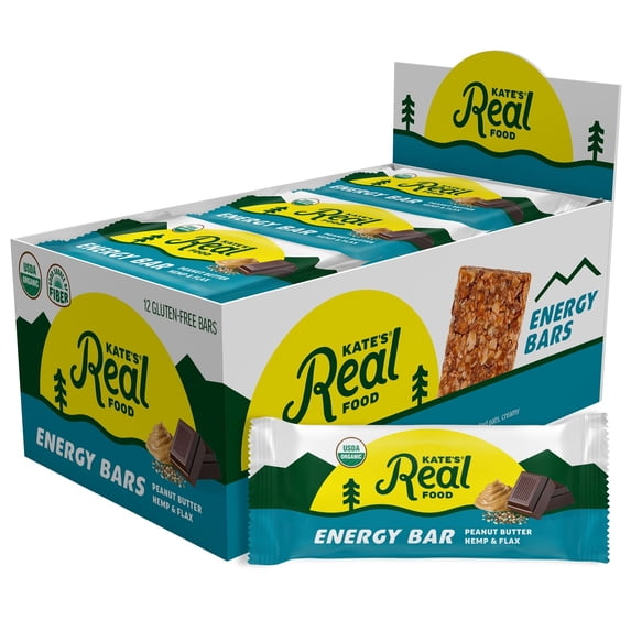 Kate’s Real Food Organic Granola Peanut Butter Hemp & Flax All Natural Energy Bars - Non GMO, Soy Free, Whole Grain, and Made with Gluten Free Oats - 12 count