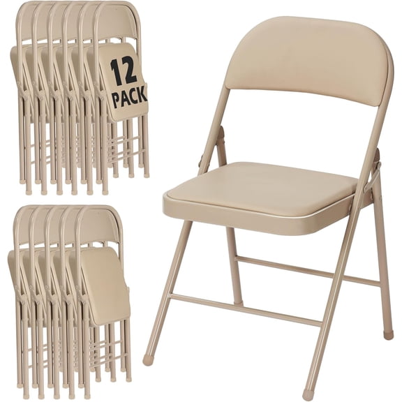 12 Pack Khaki Folding Chairs with Padded Cushion for Outside, Portable Stackable Commercial Metal Foldable Chairs with Steel Frame for Home Events Office Wedding Party, 350lbs Capacity