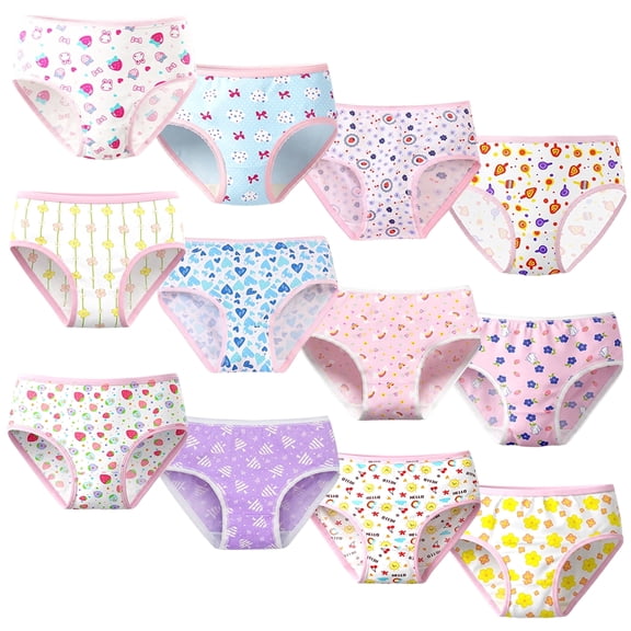 12-Pack Kids Girls Brief Underwear, Cute Printed Underwear Panties, Multicolor, Size 4T-10T