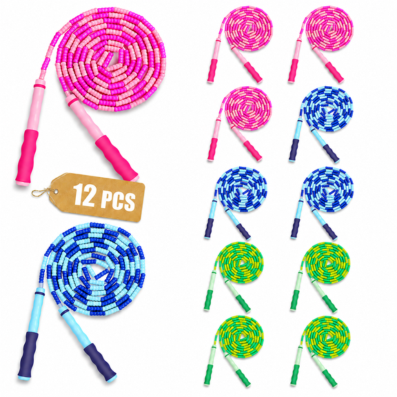 12 Pack Kids Jump Ropes, Adjustable Length Beaded Skipping Ropes, Tangle-Free Design for Indoor Outdoor Sports Activity, 3 Colors (Red/Blue/Green)