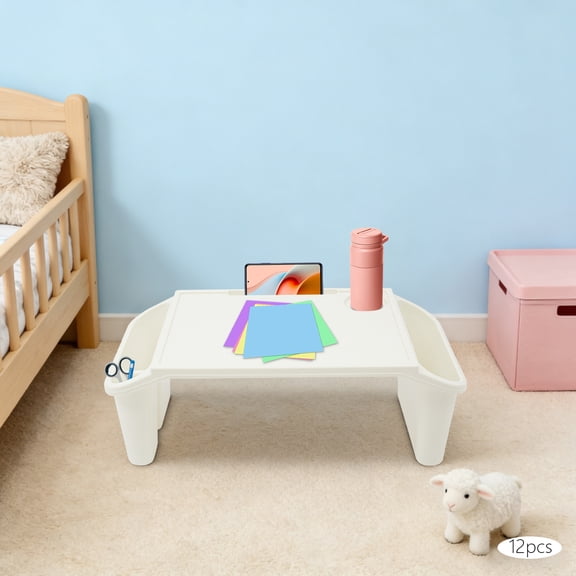 12 Pack Kids Lap Desk Trays Bulk Set, White Stackable Plastic Activity Trays with Cup Holder for Daycare Preschool Classroom Use