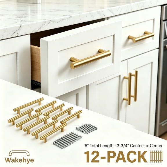 12 Pack Kitchen Cabinet Handle Gold 3-3/4 Inch Hole Center Stainless Steel Pull for Dresser Drawer Cupboard Handle with Screw 6 Inch Length