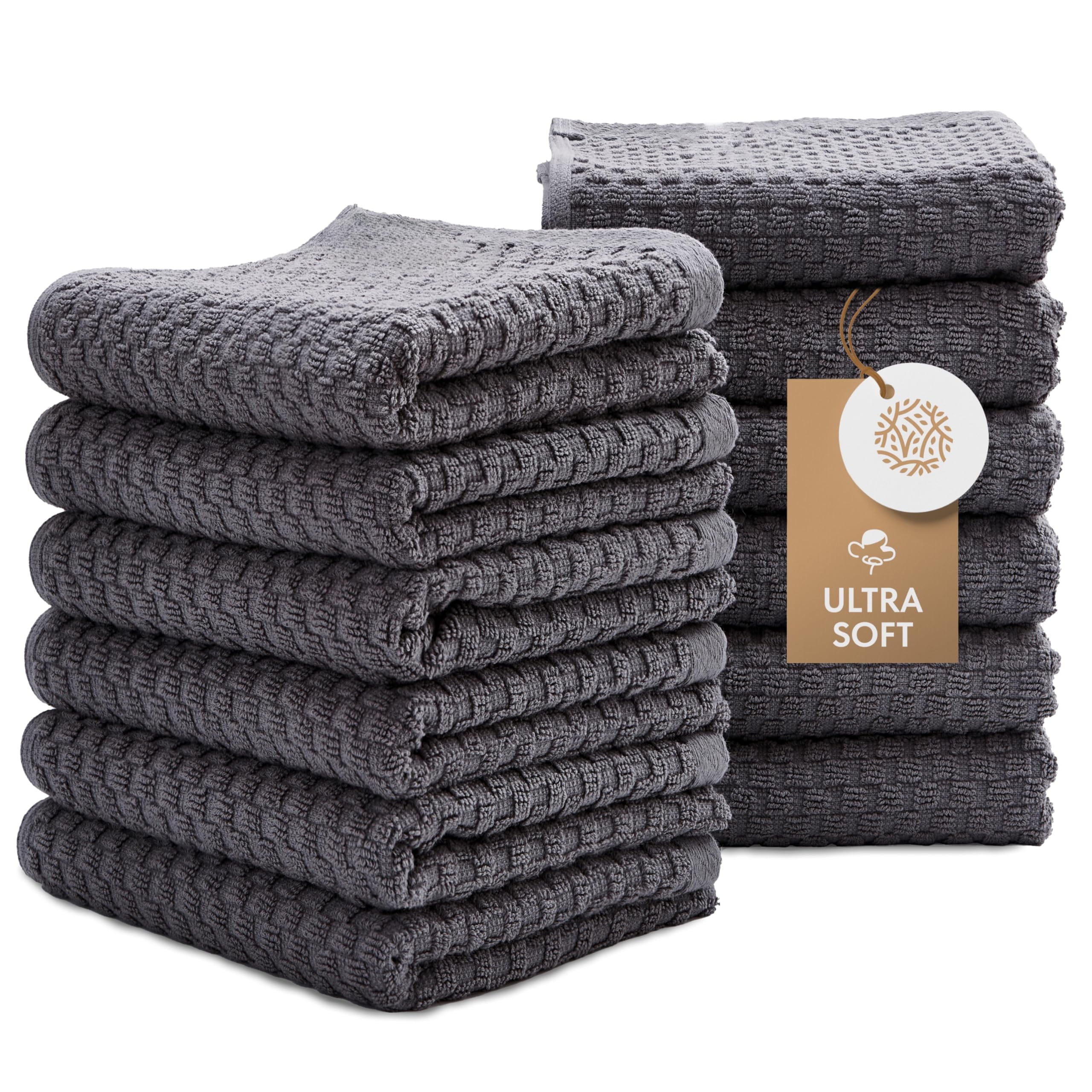 White Classic Absorbent Kitchen Towels 12 Pack - Premium 100% Cotton Dish Towels, 450GSM Thick Machine Washable Kitchen Cloth for Drying, Cleaning, Dobby Weave, Super Quality 15x26 in - Gray