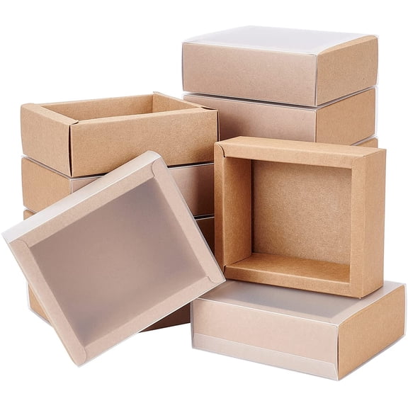 12 Pack Kraft Paper Gift Boxes with PVC Frosted Cover 4x3.5x1.5 Inch Kraft Paper Drawer Box for Cake Cookie Candy Soap Snacks Weeding Party Favors BurlyWood