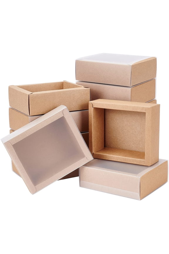 12 Pack Kraft Paper Gift Boxes with PVC Frosted Cover 4x3.5x1.5 Inch Kraft Paper Drawer Box for Cake Cookie Candy Soap Snacks Weeding Party Favors BurlyWood