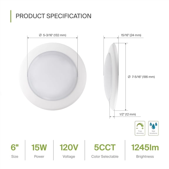 12 Pack LED Disk Lights 6 Inch, 15W 5CCT 2700K-5000K 1245LM CRI90+, Dimmable Flush Mount Ceiling Light Fixture, Low Surface Mount Disc, Junction Box or Recessed Can Install, Energy Star