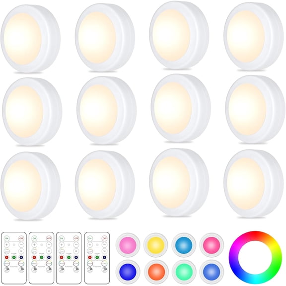 12 Pack LED Puck Lights Remote Control 16 Color Chan able Under Cabinet Lights, Battery Operated Lights Night Light with Dimmer & Timmer for Closet Bedroom Kitchen, White