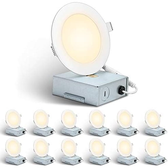 12 Pack LED Recessed Lighting, 4 Inch Ultra-Thin Ceiling Light with Junction Box, Dimmable Retrofit Downlight, 11W 750LM 3000K Soft White Baffle Trim - UL FCC Energy Star Certified$$Tools