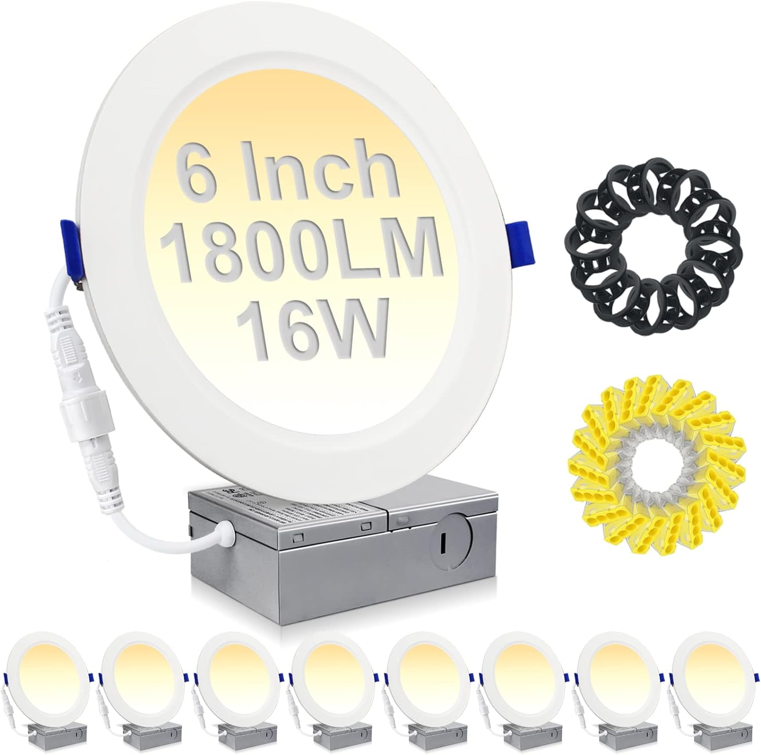 12 Pack LED Recessed Lighting 6 Inch with Junction Box, 1800LM 16W 200W
