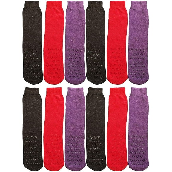 12 Pack Ladies Gripper Bottom Slipper Sock, Ladies Sweater Sock with Gripper Bottom Asstorted(Size-9-11)
