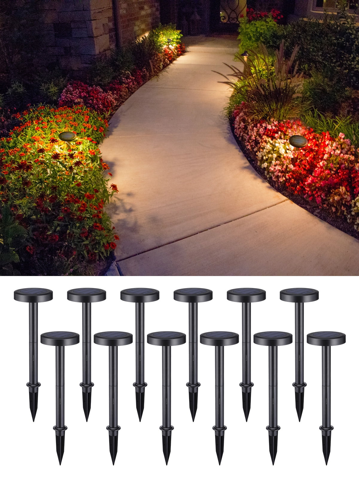 12 Pack 2CCT Solar Path Lights, Dimmable, Auto Dusk to Dawn Landscape Pathway Lights, Circle