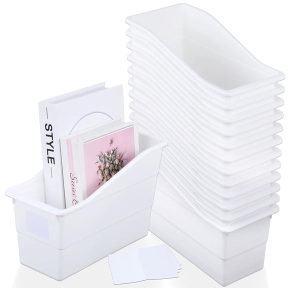 12 Pack Large Book Bins Durable Magazine Organizer File Holder High-Quality Plastic Book Storage Bins with Labels for Classroom Library, Office, Desktop Organization, Bookshelf Categorization (White)