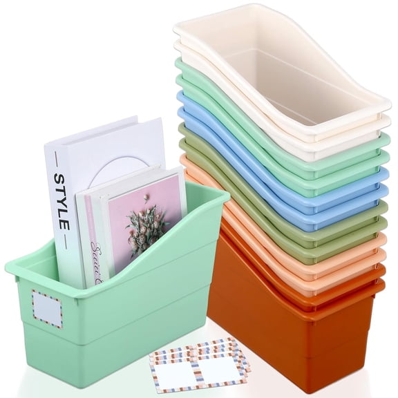 12 Pack Large Book Bins, Durable Magazine Organizer File Holder High-Quality Plastic Book Storage Bins with Labels for Classroom Library, Office, Desktop Organization, Bookshelf Categorization (Boho)