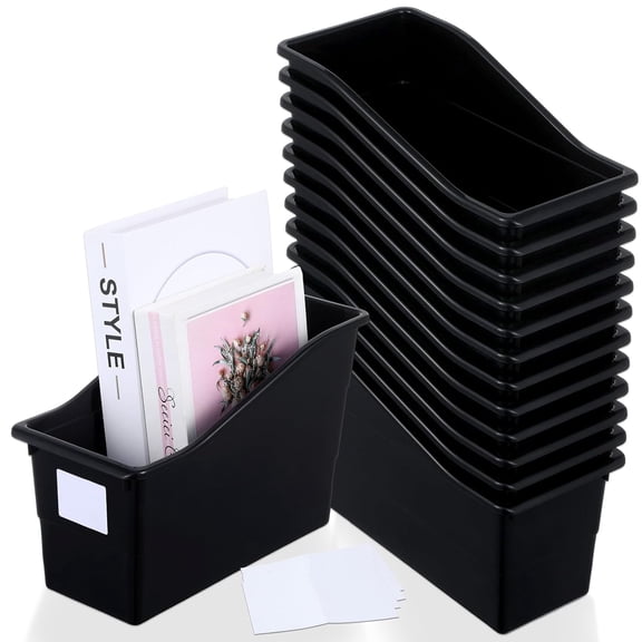 12 Pack Large Book Bins, Durable Magazine Organizer File Holder High-Quality Plastic Book Storage Bins with Labels for Classroom Library Office, Desktop Organization, Bookshelf Categorization (Black)