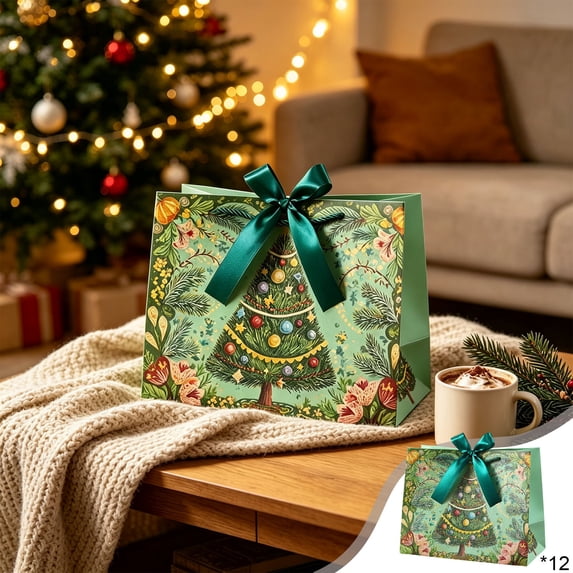 12-Pack Large Christmas Gift Bags, Paper Holiday Tote Bags with Ribbon for Gift Packaging, 9.84 X 7.87 X 4.72 in