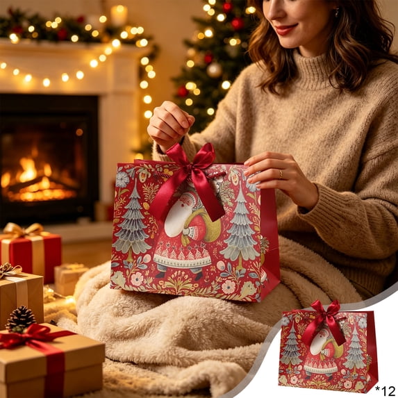12-Pack Large Christmas Gift Bags, Paper Holiday Tote Bags with Ribbon for Gift Packaging, 9.84 X 7.87 X 4.72 in