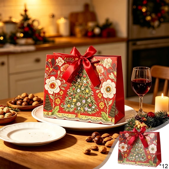 12-Pack Large Christmas Gift Bags, Paper Holiday Tote Bags with Ribbon for Gift Packaging, 9.84 X 7.87 X 4.72 in