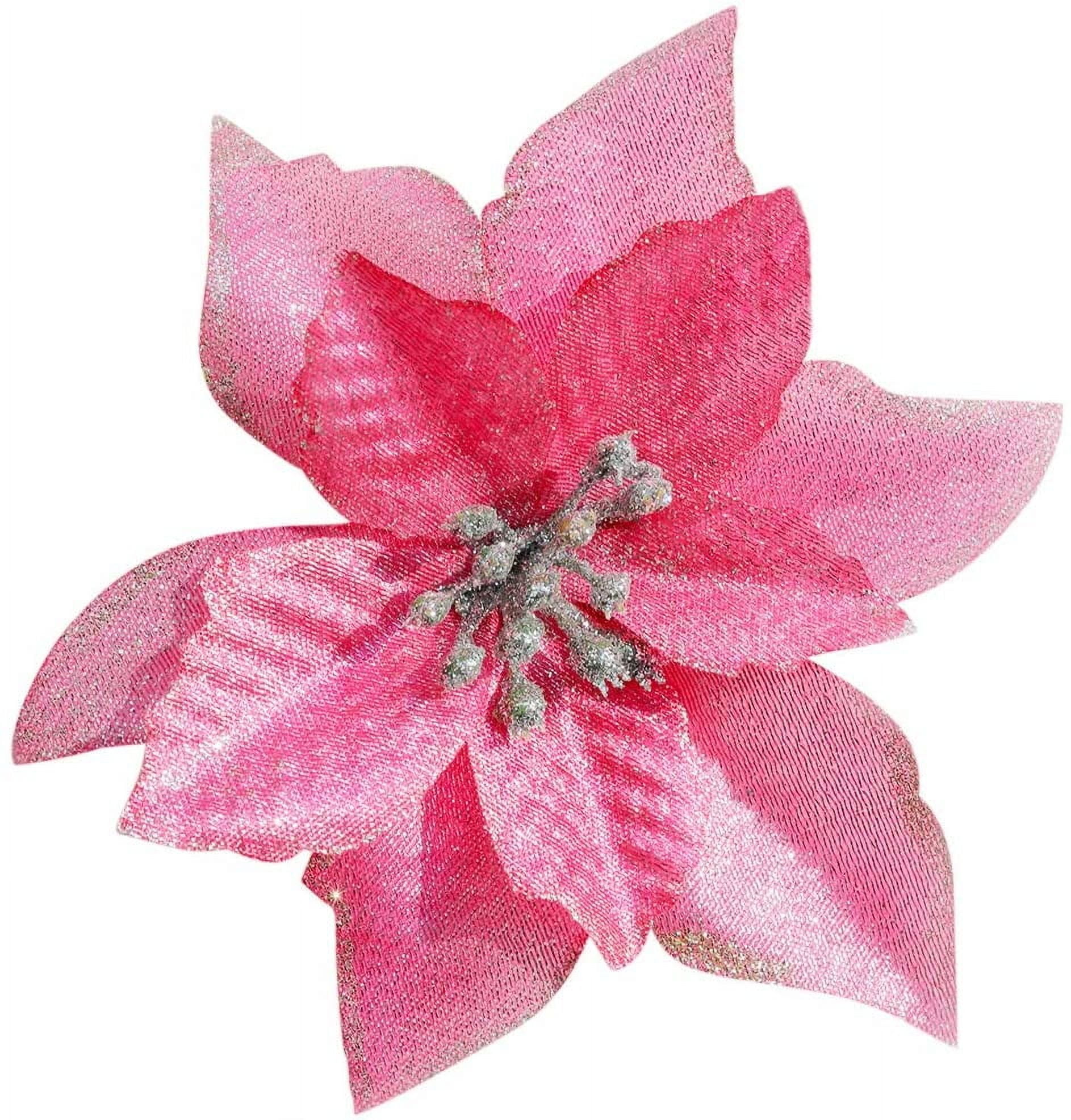 12 Pack Large Christmas Glitter Silver Poinsettia Artificial Silk Flowers Picks Christmas Tree - Pink