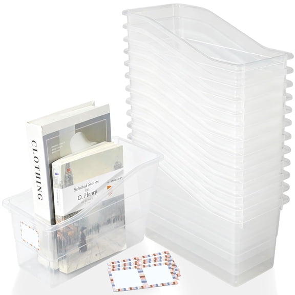 12 Pack Large Clear Book Bins, Durable Plastic Magazine Organizers with Labels for Classroom, Office, Desktop, Bookshelf Storage and Categorization
