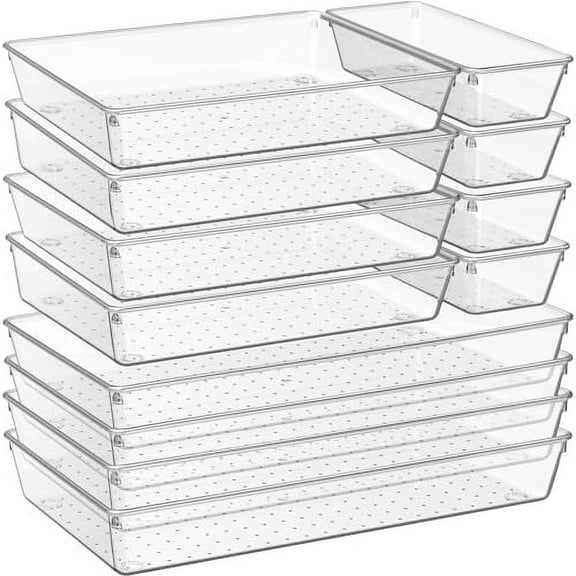 12 Pack Large Clear Plastic Drawer Organizer Trays | MULTI-USE Acrylic Drawer Storage for Kitchen, Bathroom, Makeup, Office, School, Undies | College Dorm Room, Home Apartment Essentials