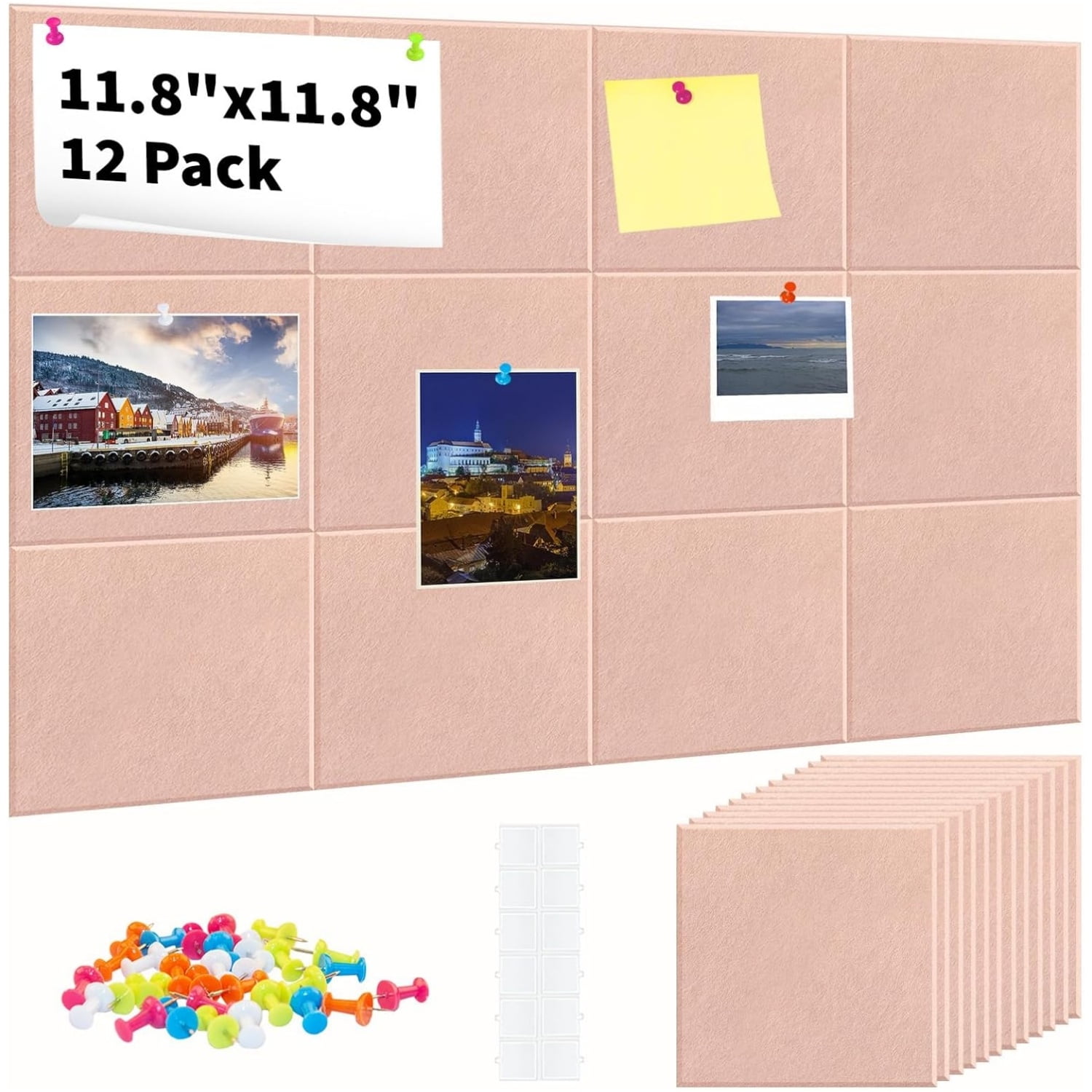 12 Pack Large Cork Board Topboutique Cork Boards for Walls Bulletin Board Alternative Felt Wall Tiles with Removable Adhesive Stickers & Push Pins for Office Home Wall Decor,Pink-12*12 inch