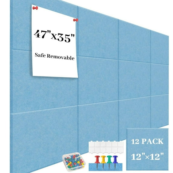 12 Pack Large Cork Board Topboutique Felt Board Tiles Soundproof Wall Tiles with Self Adhesive Stickers & Pushpins Bulletin Board Wall Tiles Pin Boards for Home Office, 12" x 12", Blue