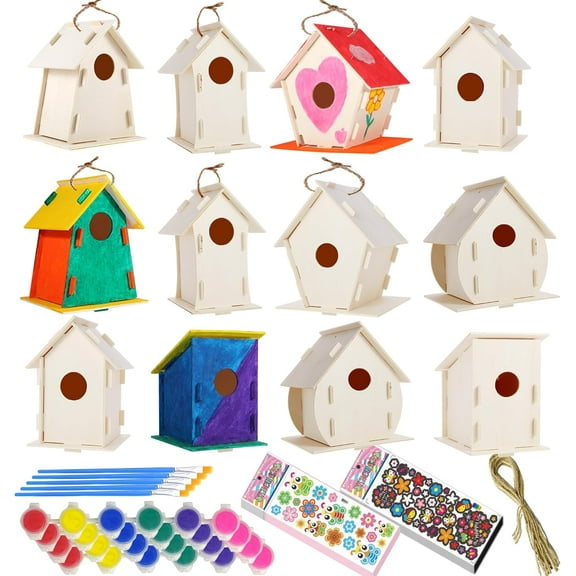 12 Pack Large DIY Bird Houses Kits for Kids, Kids Craft Kits Wood Houses for DIY Crafts Class Party, 12 Kits with 12 Paint Strips & Paintbrushes & Stickers for Children to Build & Paint (12)