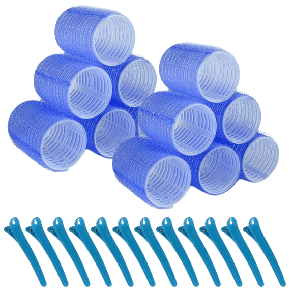 12-Pack Large Hair Rollers with Clips for Blowout Volume, Self-Grip Velcro Curlers for Long Hair, Blue