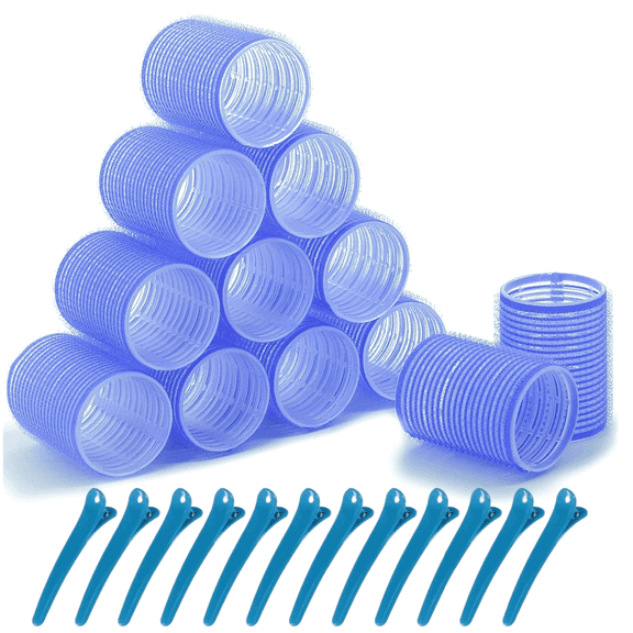12-Pack Large Hair Rollers with Clips for Blowout Volume, Self-Grip Velcro Curlers for Long Hair, Blue