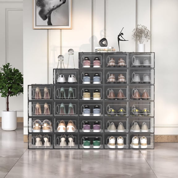 12 Pack Large Modular Clear Plastic Stackable Shoe Storage Organizer for Closet, Space Saving Versatile Sneaker Shoe Rack Containers Bins Holders, Portable Closet Organizers and Storage, Black