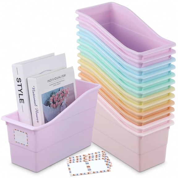 12 Pack Large Plastic Book Bins, Durable Magazine Organizer File Holders with Labels for Classroom, Office, Library, Desk and Bookshelf Storage - Pastel Colors