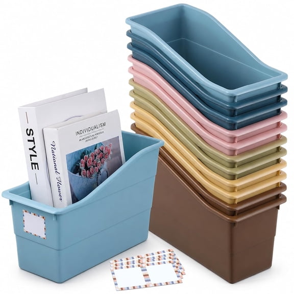 12 Pack Large Plastic Book Bins with Labels, Durable Magazine Organizer File Holders for Classroom, Office, Library, Desktop Storage and Organization