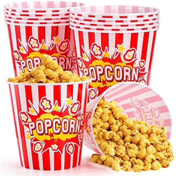12 Pack Large Plastic Popcorn Bowls, 95 Oz Reusable Popcorn Containers in Red & White Striped Retro Style, Popcorn Buckets for Movie Night, Theater, Party Theme$$Home Decor, Kitchen, & Other