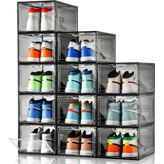 SYNYLIIFE 12 Pack Large Shoe Boxes, Thicken & Clear Shoe Storage Organizer with Magnetic Door, Stackable,Shoe Containers For Display Sneakers, Shoes, Boot, Easy Assembly, Fit up to US Size 12, Ashy