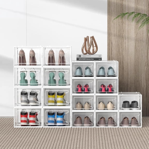 12 Pack Large Shoe Organizer Storage Boxes for Closet, Modular Space Saving Shoe Boxes Clear Plastic Stackable Sneaker Containers Display Case with Lids, White