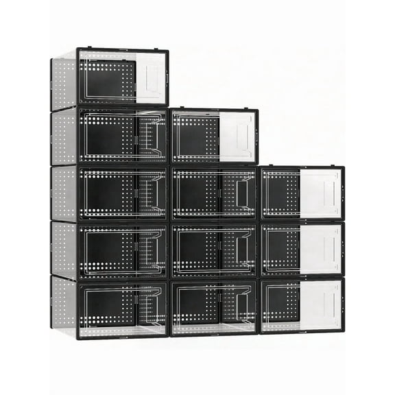 12 Pack Large Shoe Storage Organizer For Closet, Modular Space Saving Shoe Boxes Clear Plastic Stackable Containers Display  Bins With Lids, Shoe Rack For Sneaker Storage, White