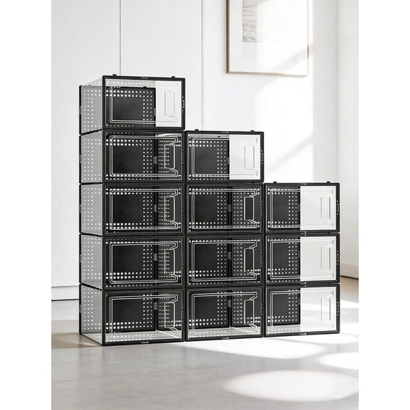 12 Pack Large Shoe Storage Organizer For Closet, Modular Space Saving Shoe Boxes Clear Plastic Stackable Containers Display Case Bins With Lids, Shoe Rack For Sneaker Storage, White