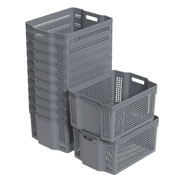 12-Pack Large Storage Basket, Stacking Plastic Rectangle Storage Bin, Gray