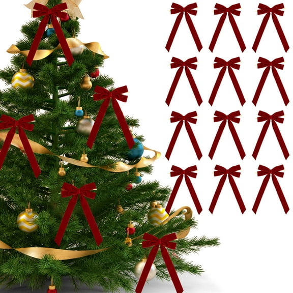 12-Pack Large Velvet Christmas Bows 13x26cm Hanging Decorations for Tree Wreath Gift Wrapping Crafts Wedding Party Bows Home Holiday Decor