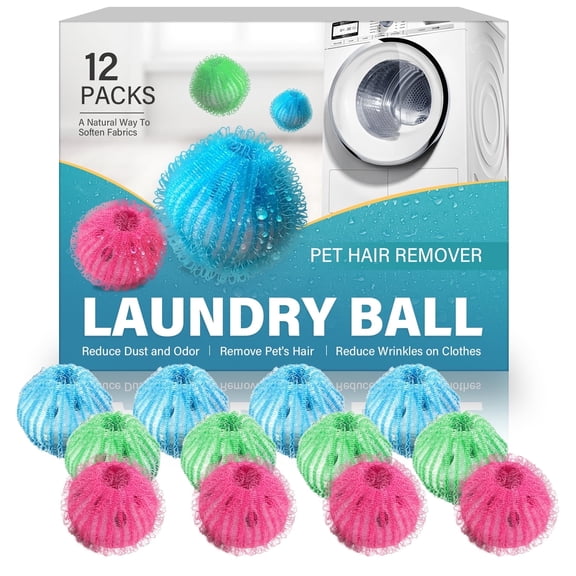 12 Pack Pet Hair Remover for Laundry, Reusable Laundry Balls for Washing Machine and Dryer, Effective Lint Remover and Fabric Softener for Clothes