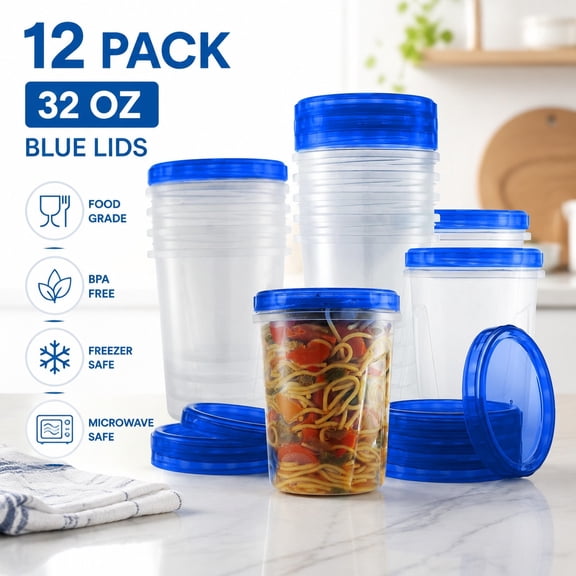 12 Pack Leakproof Freezer Containers with Twist Top Lids - 32 Oz BPA Free Reusable Plastic Food Storage Containers for Meal Prep, Leftovers, and Pantry Organization