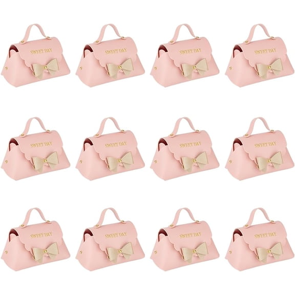 12 Pack Leather Bowknot Gift Boxes with Handle 5.1x2.7x3.15 inch Pink PU Leather Mini Handbag Candy Gift Box Reusable Party Favor Candy Boxes for Wedding Birthday Shower Valentines's Day