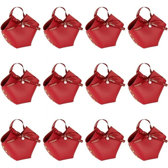 12 Pack Leather Bowknot Gift Boxes with Ribbon 2.7x2.1x5.1 inch Red Heart Shape PU Leather Mini Handbag Candy Gift Box Reusable Party Favor Boxes Wedding Birthday Valentines's Day