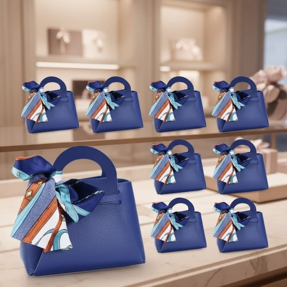 12 Pack Leather Ribbon Candy Bag Gift Bags PU Wedding Gift Bags with Handle Ribbon Reusable Party Favor Boxes for Weddings Birthdays Christmas Baby Showers Halloween(Dark Blue)
