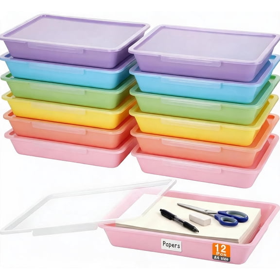 12 Pack Letter Size Paper Storage Bins with Clear Latching Lids Stackable Flat Trays 13x10 Inches Macaron Color