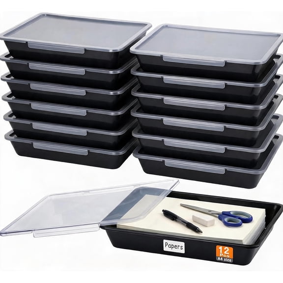 12 Pack Letter Size Paper Storage Bins with Clear Latching Lids Stackable Flat Trays for Classroom Office Arts and Crafts Black 13 x 10 Inches