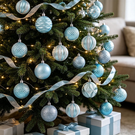 12 Pack Light Blue Christmas Ball Ornaments Set, 6cm Shatterproof Plastic Hanging Baubles with Glossy Glitter Finishes for Xmas Tree Wreath Festive Home Party Decor